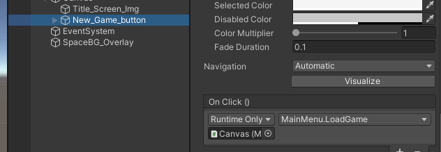 New_Game_button connected to Canvas with MainMenu.LoadGame()